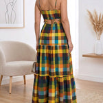 Women's Colorblock Plaid Hollow-out Maxi Dress V Neck Backless Ruffle Cami Dress Casual Shirred Beach Sundress