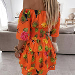 Women's Stretchy Off Shoulder Vacation Dress Tropical Fruit Floral Shirred Waist Ruffle Hem A Line Dress