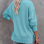 Half Snap Button Front Drop Shoulder Batwing Sleeve Sweatshirt Loose Fit Side Slit High-Low Hem Casual Top