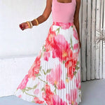 2 Pieces Outfit Square Neck Sleeveless Slim Fit Top and Watercolor Floral Print High Waist Elastic Waist Pleated Maxi Skirt Set
