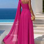 Women's One Shoulder Chiffon Maxi Dress 3D Floral High Slit Evening Gown Elegant Shirred Backless Draped Party Dress