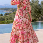 Women's Leopard Floral Print Dress V Neck Three Quarters Sleeve Ruffle Hem Dress Shirred Back A-Line Maxi Vacation Dress