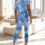 Women's Denim Look Print Skew Neck Jumpsuit Short Sleeve Drawstring Waist Slim Fit Overalls