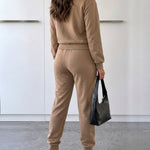2 Pieces Outfit High Neck Half Zip Drop Shoulder Top and Drawstring Elastic Waist Slim Fit Jogger Pants Set Casual Tracksuit