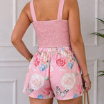 Women's 2-Piece Set 3D Floral Rhinestone Crop Cami Top and Floral Butterfly Print High Waisted Shorts with Pockets
