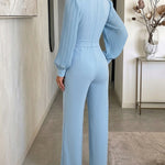 Rhinestone & Pearls Decor Lapel Collar Pleated Long Sleeve Wide Leg Overalls Casual High Waist Zipper Back Jumpsuit