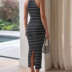Women's Striped Halter Maxi Dress Sleeveless Ribbed Knit Dress Elegant Back Slit Slim Fit Casual Sundress