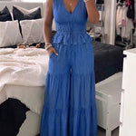 2 Pieces Outfit Deep V-Neck Sleeveless Tie Front Cinched Waist Top and Elastic Waist Wide Leg Pants Set Casual Ruffle Hem Set