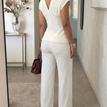 Women's 2-Piece Elegant Set Deep V-Neck Sleeveless Backless Pleated Top and Wide-Leg Pants Formal Outfit