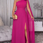 Women's One Shoulder Chiffon Maxi Dress 3D Floral High Slit Evening Gown Elegant Shirred Backless Draped Party Dress