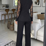 Women's 2 Piece Blazer Suit Set Elegant Lace Patchwork Long Sleeve Coat and High Waisted Straight Leg Pants