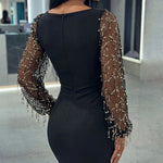 Women's Elegant Sequin Mesh Patchwork Midi Dress Square Neck Tassel Sheer Lantern Sleeve Bodycon Dress Party Dress