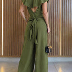 V-Neck Adjustable Spaghetti Straps Backless Overalls Casual Zipper Back Wide Leg Jumpsuit with Convertible Ruffles Tie Panel