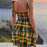 Women's Colorblock Plaid Mini Dress Elegant Tie Strap Ruffle Tiered Vacation Dress Shirred Backless A Line Sundress