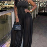 Women's Rhinestone Cutout Jumpsuit Sleeveless Sheer Chiffon Lantern Leg Overalls