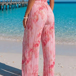 Women's Tie Dye Print Pleated Wide Leg Pants High Waisted Flowy Palazzo Pants Drawstring Lounge Pants with Pockets