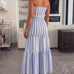 Women's Striped Tube Maxi Dress Sexy Cutout Bodycon Mermaid Dress Ruched Shirred Drawstring Vacation Dress