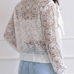 Women's Sheer Lace Bomber Jacket Lightweight Mesh See Through Crop Coat with Detachable 3D Floral