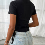Women's Heart Cutout Rhinestone T-Shirt Short Sleeve Side Drawstring Ruched Top Slim Fit Sparkly Party Tee