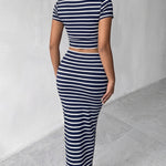 Women's Striped 2 Piece Knit Outfits Crop Polo Top and High Waisted Maxi Skirt Set Casual Matching Set