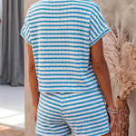 Women's Stripe Textured Two Piece Outfits Polo Top and Drawstring High Waisted Shorts Casual Lounge Set