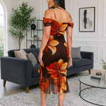 Women's Vintage Floral Print Bodycon Dress Cowl Neck Adjustable Pearls Straps Mermaid Dress Elegant Side Slit Evening Gown