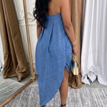 Women's Faux Denim Print Tube Dress Sexy Strapless Ruched Bodycon Dress Asymmetrical Layered Hem Vacation Sundress