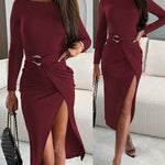 Long Sleeve Ruched Waist Metal Button Decor Bodycon Dress Casual Slit Slim Fit Midi Dress