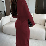 Long Sleeve Ruched Waist Metal Button Decor Bodycon Dress Casual Slit Slim Fit Midi Dress
