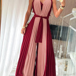 Colorblock Sleeveless Criss Cross Plunge V Neck Jumpsuit Casual Waist Tied Detail Pleated Romper