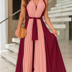 Colorblock Sleeveless Criss Cross Plunge V Neck Jumpsuit Casual Waist Tied Detail Pleated Romper