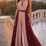 Colorblock Sleeveless Criss Cross Plunge V Neck Jumpsuit Casual Waist Tied Detail Pleated Romper