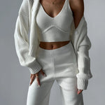 Nadorine Women's Chic V-neck Knitted Three-piece Set Sleeveless Crop Vest and Sweater Cardigan & Solid Wide Leg Pants