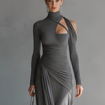 Women's Grey Silky Stretch Sophisticated Ruched Detail Cut-Out Maxi Dress
