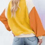 Nadorine Colorblock Bishop Sleeve Sweatshirt Plush Stitching Jumper Crop Top
