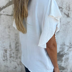 White Solid Color V-Neck Ruffle Short Sleeve Blouse