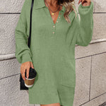 Solid Color Lapel Button Knit Mid Length Sweater Dresses