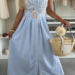 Retro Lace-Trimmed Splicing Striped Print Button-Down Maxi Dress