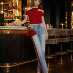 Wide Leg Bow-Embellished Contrast Color Jean Pants Bottoms