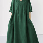Summer Short Sleeve V-Neck Solid Cotton Casual Dress with Pockets