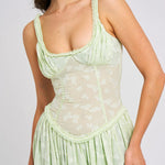 Ulissa Light Green Square Neck Jacquard Textured High Slit Maxi Dress