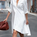 High-Low Long Sleeves Solid Color Lapel Midi Dresses Shirt Dress