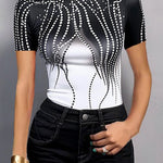 Short Sleeves Skinny Contrast Color Printed High Neck T-Shirts Tops