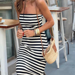 Just Say Yes Striped Off The Shoulder Back Slit Stretch Maxi Dress