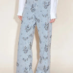 Jhenie Denim Beaded Sequin Floral Pattern Mid Rise Pocket Wide Leg Jeans
