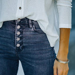 Nadorine Buckle Design High-waisted Micro-flared Jeans Casual Cropped Pants