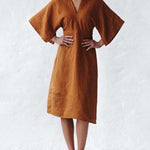 Nadorine Women's Casual Solid V-Neck Half Sleeve Split Hem Strap Dress with Belt