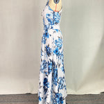 A-Line High Waisted Contrast Color Flower Print Pleated Halter-Neck Maxi Dresses