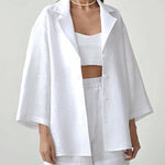Nadorine Cotton Two-Piece Set Loose Fit Long-Sleeved Button Shirt Casual Shorts Suits