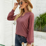 Nadorine V Neck Tops Solid Color Blouse Long Sleeve Pullover Lace Patchwork Shirt